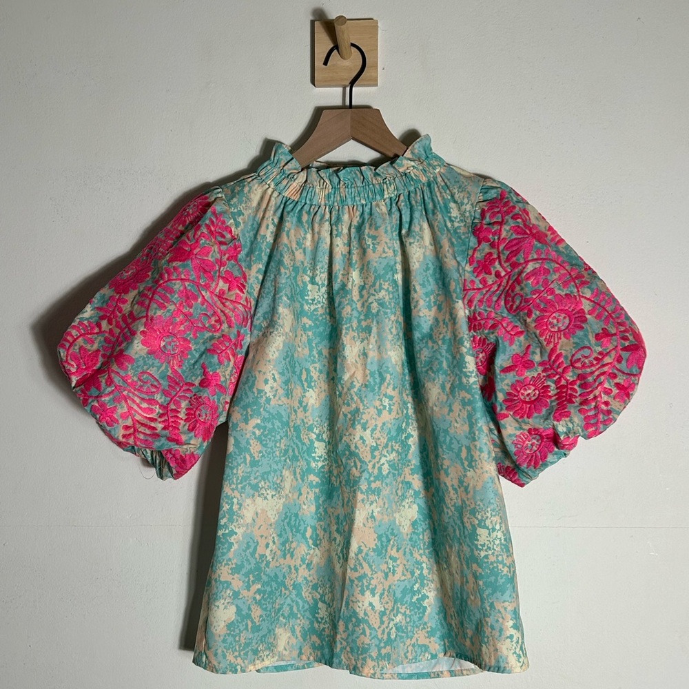 THML Turquoise Cream Smocked Neck Blouse with Hot Pink Embroidered Puff Sleeves